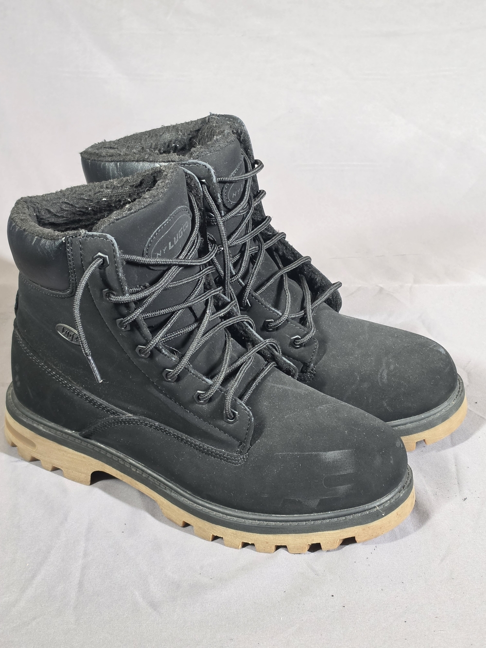 Lugz Men’s 10.5 Black Faux Fur Lined Work Boots Gum Lug Sole Winter Y2K